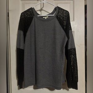 Gray and Black Long Sleeve Top with Leopard Details